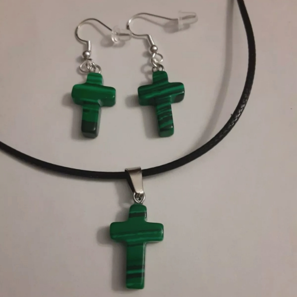 Handmade Malachite Cross Necklace and Earrings
